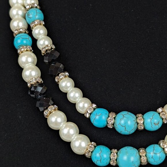 V. 2-Strand Faux Pearl & Turquoise Beaded Necklace - Picture 2 of 5
